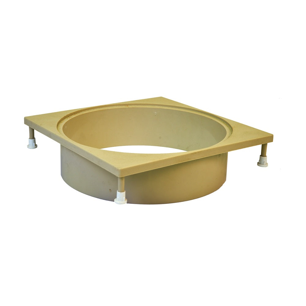 Beige plastic weir deck collar with square flange, circular opening, and adjustable leg feet for pool skimmer installation