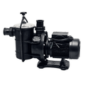 Black pool pump and motor unit with clear strainer lid, ribbed motor housing, dual inlet ports and mounting base plate