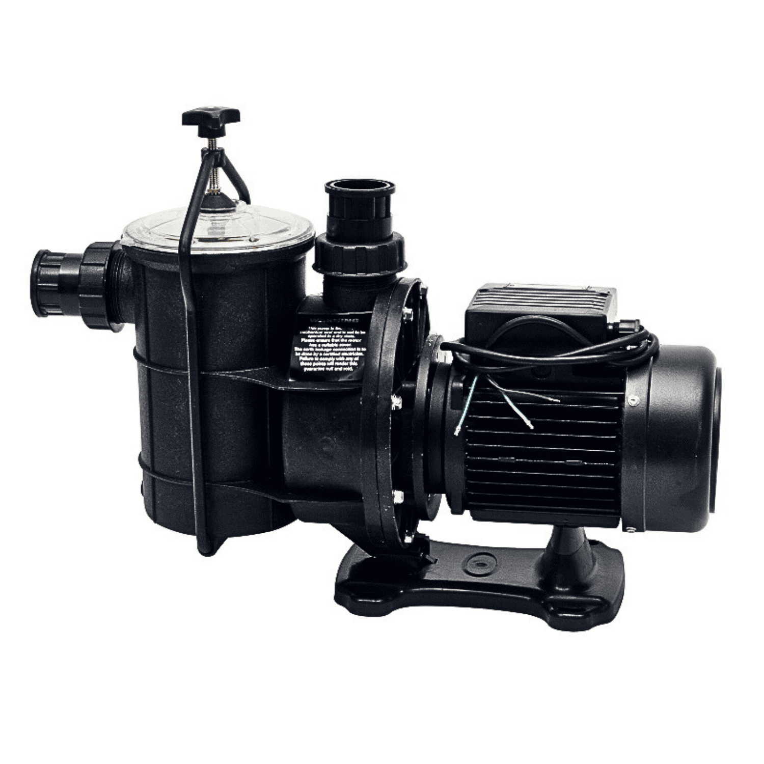 Black swimming pool pump and motor with clear strainer lid, side inlet and outlet ports, ribbed motor housing, and flat mounting base