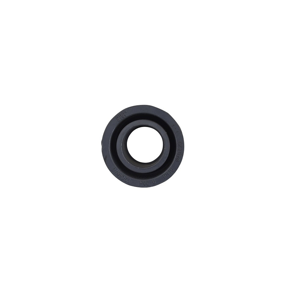 Dark grey PVC-U pipe reducer fitting 40mm to 20mm with stepped concentric rings, DIN8063 PN16 rated
