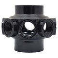 Black plastic multi-port filter manifold body with large top and bottom sockets and four threaded side outlets visible from front