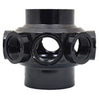 Black plastic multi-port filter manifold body with large top and bottom sockets and four threaded side outlets visible from front