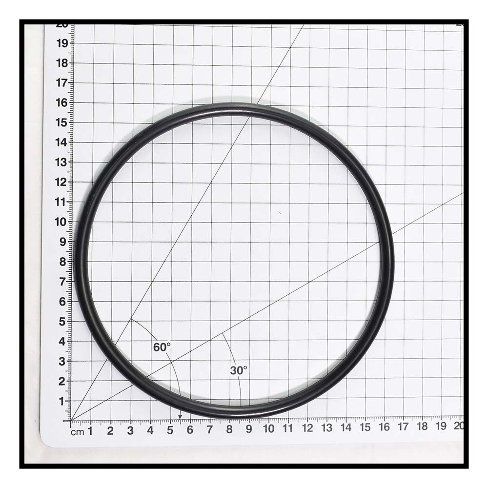 Black rubber O-ring for Speck Pump Lid 90 Series, approximately 14cm diameter, shown on centimetre grid mat