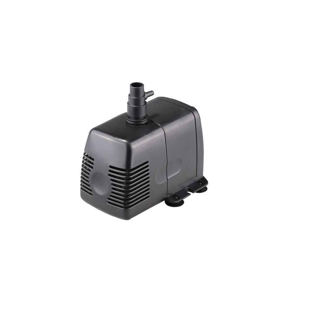 Submersible water pump dark grey plastic housing with top outlet nozzle, side vent grille and suction cup base feet
