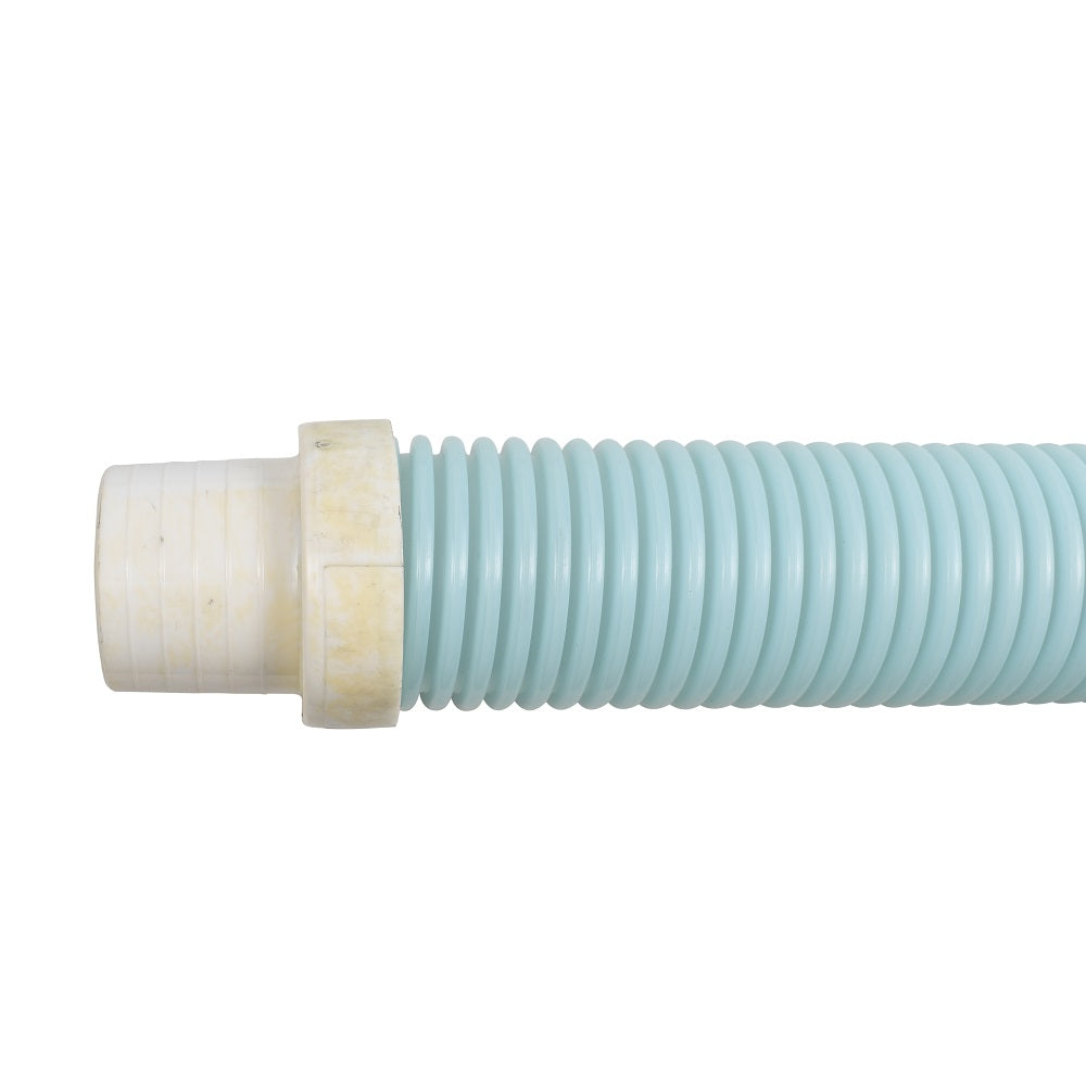 Pool cleaner hose light blue ribbed flexible tubing with white plastic threaded connector coupling end