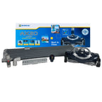 Zodiac AX20 Activ automatic pool cleaner with navy blue robot unit, flexible hose, fittings, and retail box on white background