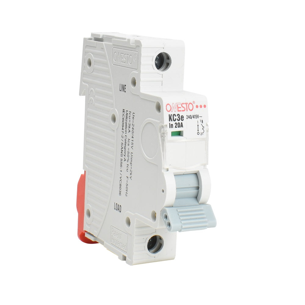 Onesto KC3e single-pole miniature circuit breaker 20A 240/415V white plastic with red DIN rail clip and blue toggle handle
