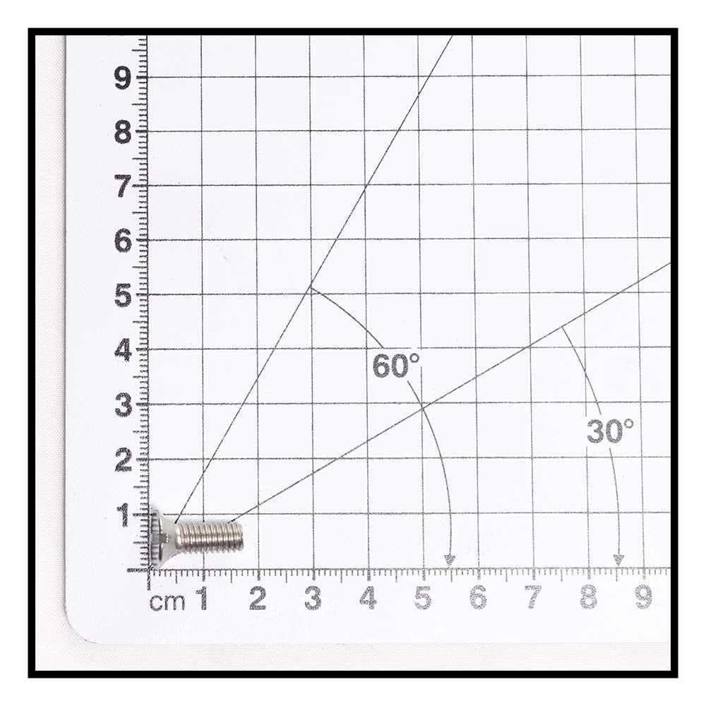 Stainless steel machine screw with threaded shaft shown against metric grid ruler, approximately 3cm length