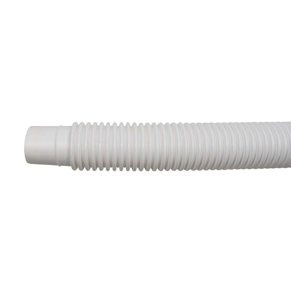 White ribbed flexible pool cleaner hose with smooth connector end, corrugated plastic construction for durability and flexibility