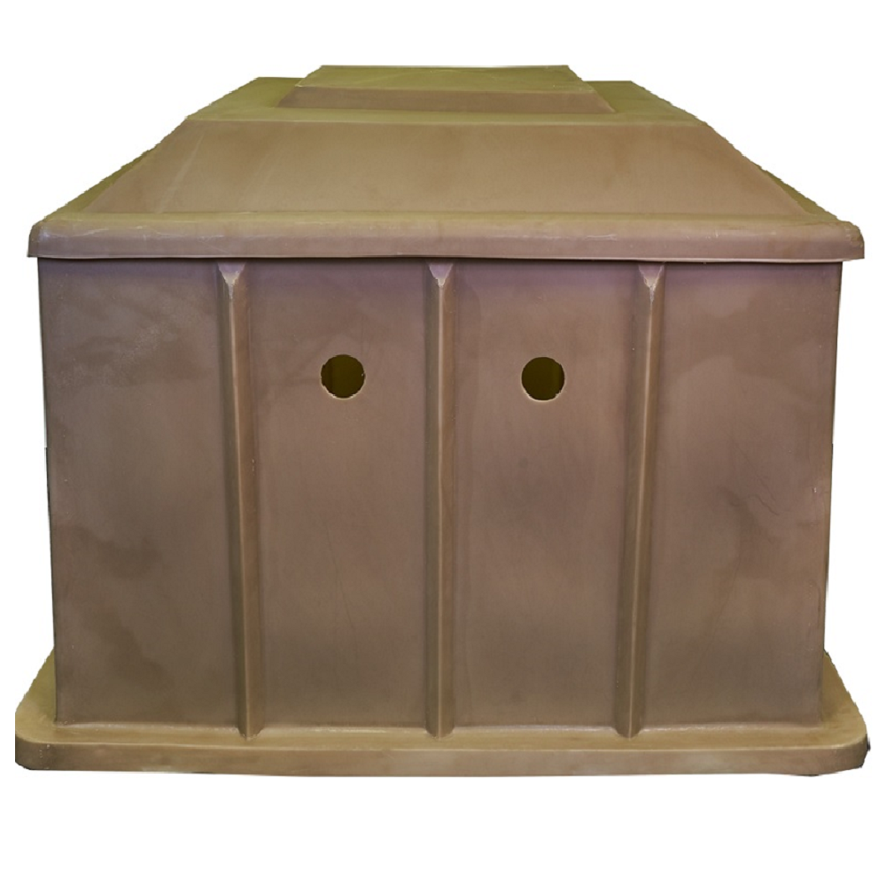 Large brown plastic pump box with ribbed side panels, two circular inlet holes, flat lid with recessed top, and wide base flange