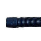Dark navy blue corrugated pool cleaner hose with threaded plastic cuff connector, flexible ribbed design