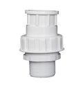White PVC tank union fitting 40mm with ribbed union nut, male threaded base and socket top connection