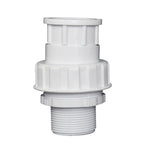 White PVC tank union fitting 40mm with ribbed union nut, male threaded base and socket top connection