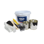 Aqua Pro fibreglass repair kit with white bucket, two metal tins, yellow-handled brush, foam roller, mixing sticks and dropper bottles
