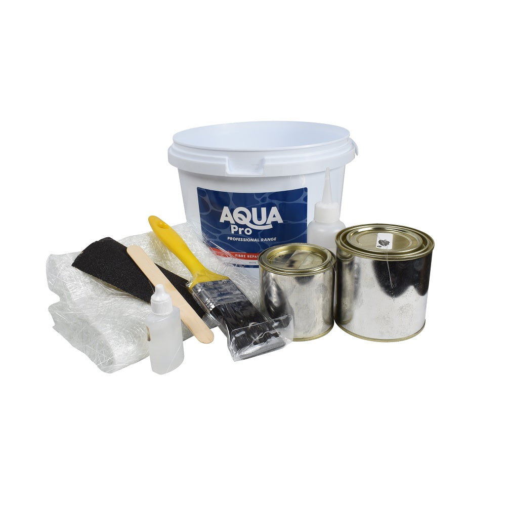 Aqua Pro fibreglass repair kit with white bucket, two metal tins, yellow-handled brush, foam roller, mixing sticks and dropper bottles