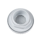White plastic spa suction drain with central square-perforated stainless steel mesh screen and threaded base ring