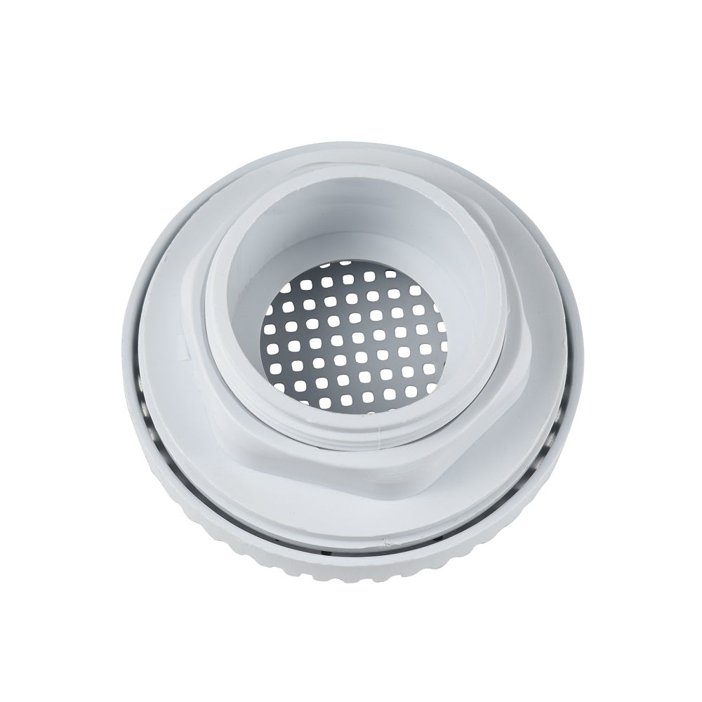 White plastic spa suction drain with central square-perforated stainless steel mesh screen and threaded base ring