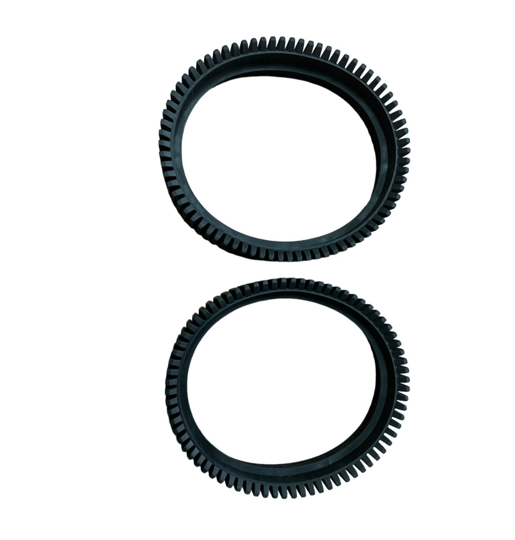 Two black rubber toothed drive tracks for the Kreepy Krauly Hug Bug Pro, shown front and side view on white background