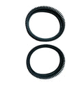Two black rubber toothed drive tracks for the Kreepy Krauly Hug Bug Pro, shown front and side view on white background