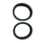 Two black rubber toothed drive tracks for the Kreepy Krauly Hug Bug Pro, shown front and side view on white background