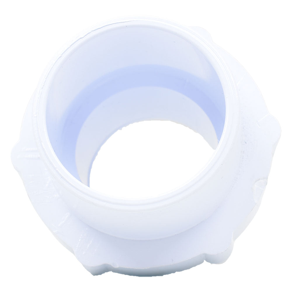 White PVC tank fitting with wide-mouth opening, scalloped flange base and smooth interior bore