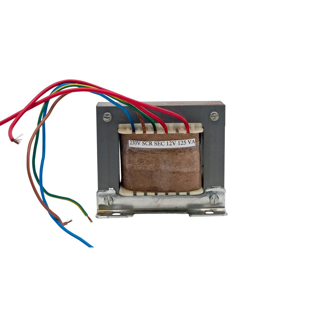 Aqua Pro 125VA electrical transformer 230V to 12V with grey metal frame, copper coil, and multicolour lead wires