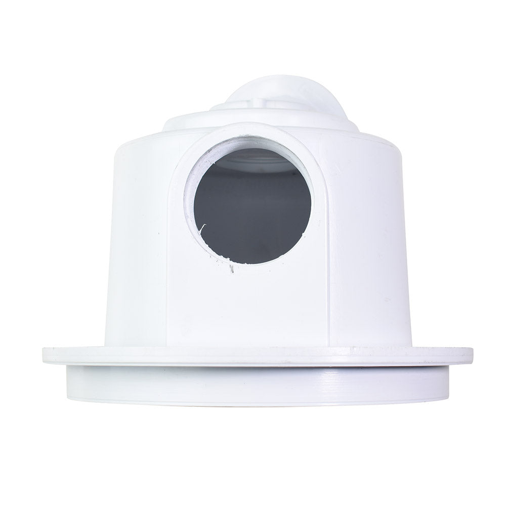 White plastic pool bottom drain housing with circular opening and wide flange base, dome-top cap design