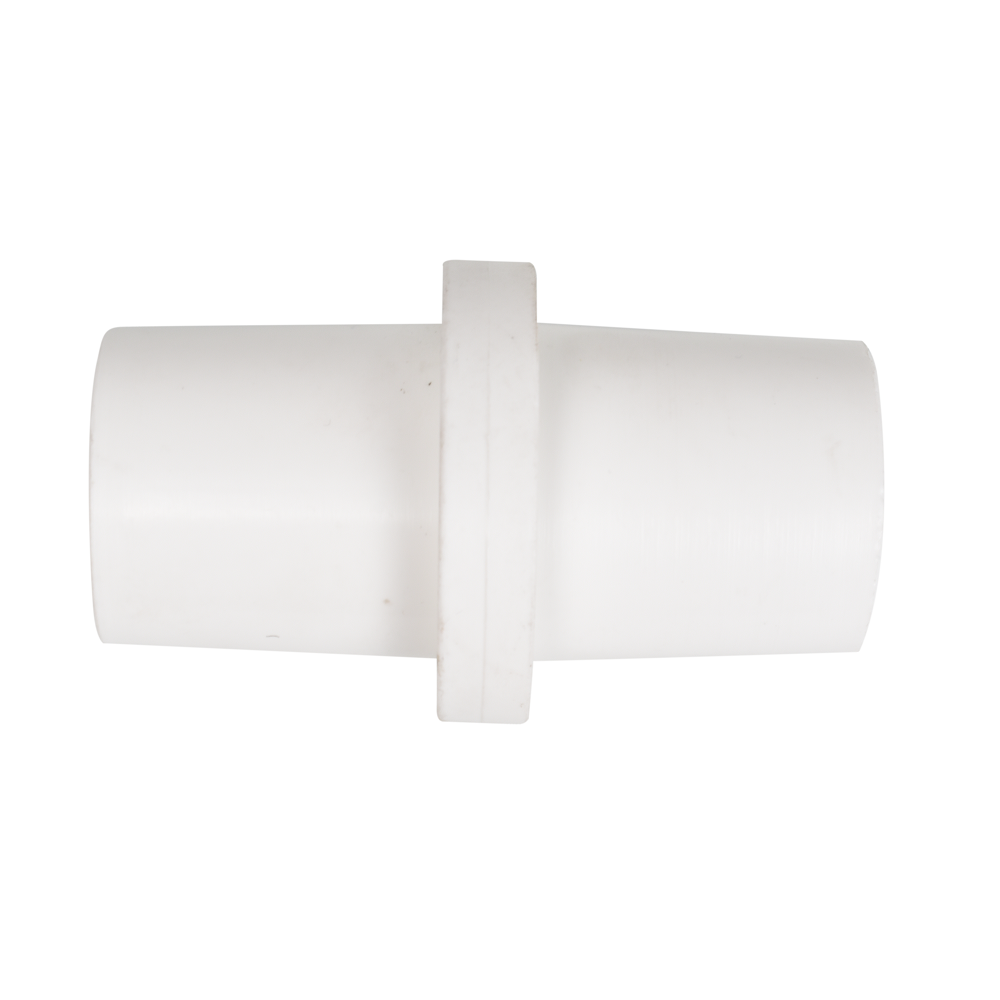 White plastic hose-to-hose connector with central flange and dual barbed ends for pool cleaner hose joining