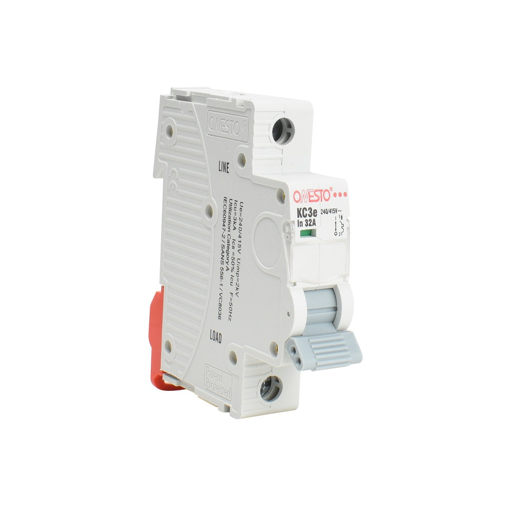 Onesto KC3e single-pole 32A miniature circuit breaker in white with red DIN rail clip and grey toggle handle