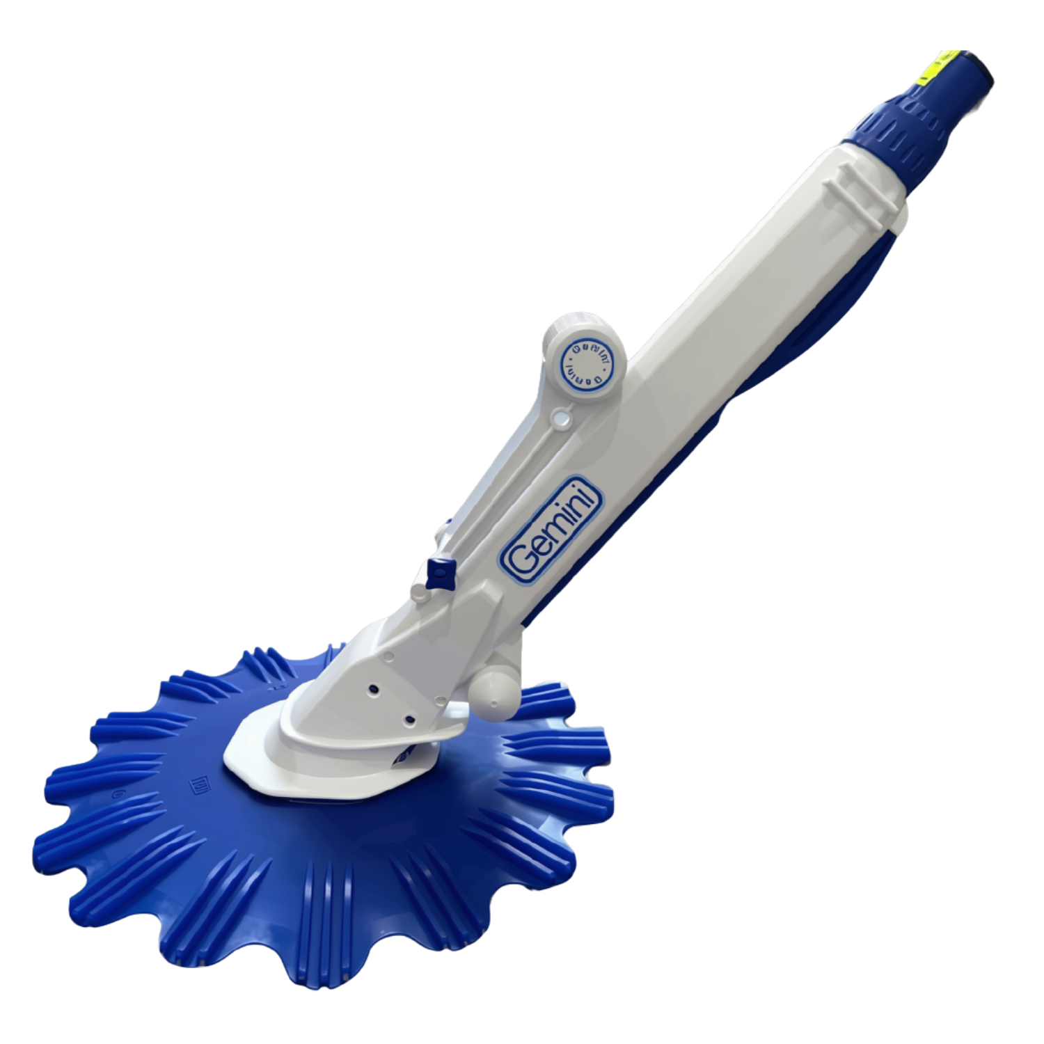 Gemini Twinsweep pool cleaner with white handle and large blue star-shaped brush head, on white background