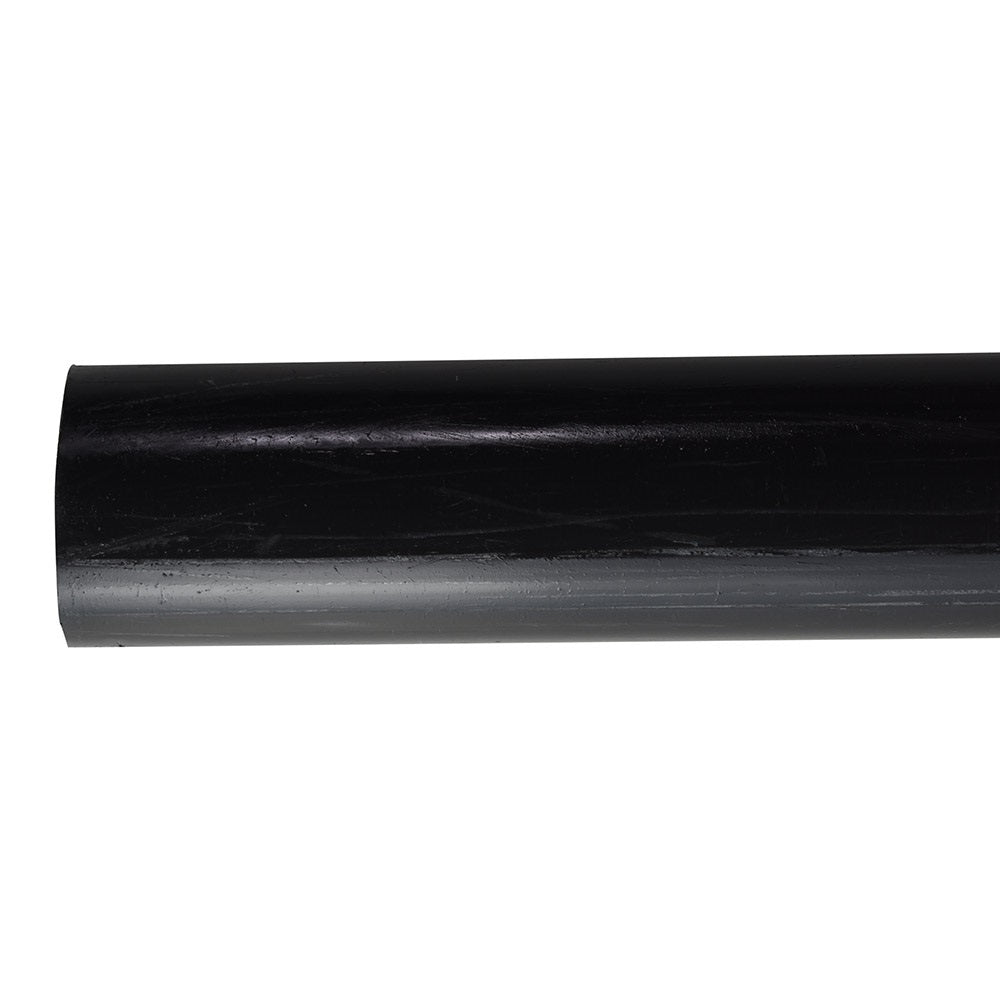 Black gloss PVC pipe 50mm diameter, close-up showing smooth cylindrical surface, sold per metre