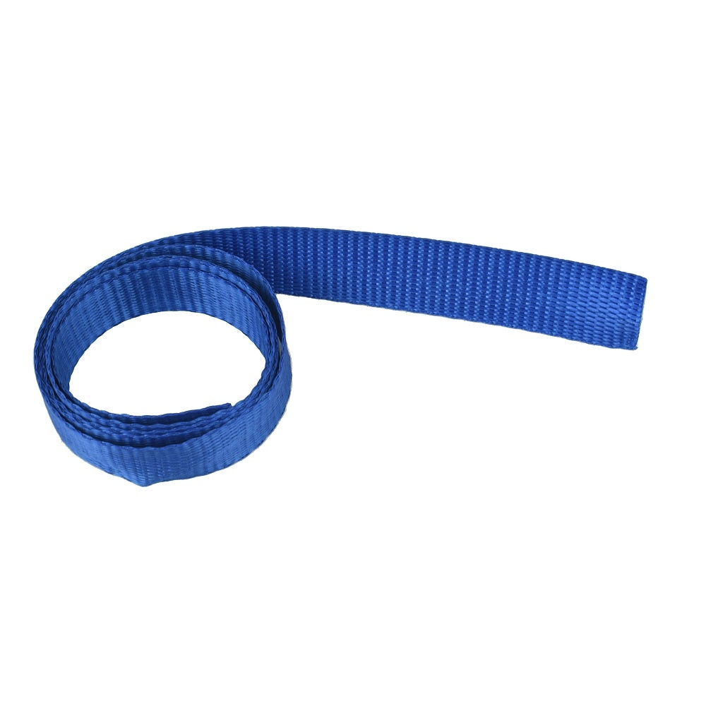 Blue woven nylon webbing strap coiled loosely, 1 metre length, textured polypropylene weave construction for solar panel securing