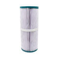 Spa cartridge filter with white pleated polyester media, teal end caps and centre wrap band, cylindrical shape