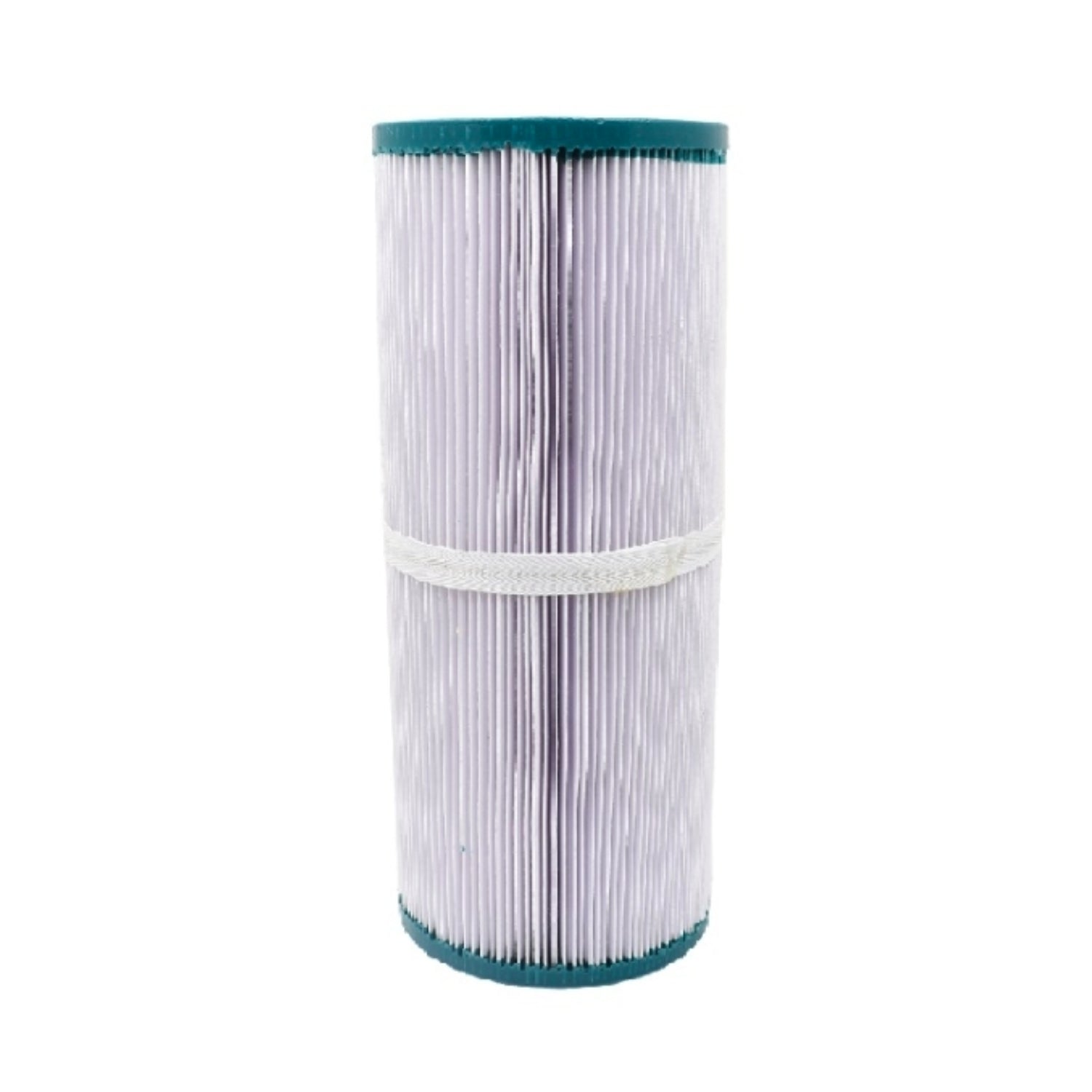 Spa cartridge filter with white pleated polyester media, teal end caps and centre wrap band, cylindrical shape