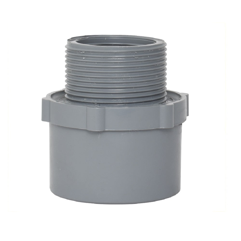 Grey PVC male tank adaptor fitting with external threaded upper section and smooth socket base, flanged mid-section