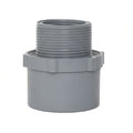 Grey PVC male tank adaptor fitting with external threaded upper section and smooth socket base, flanged mid-section