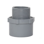Grey PVC male tank adaptor fitting with external threaded upper section and smooth socket base, flanged mid-section