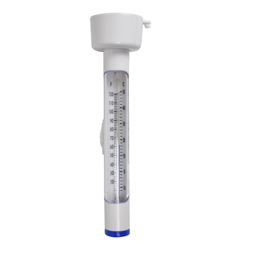 White floating pool thermometer with blue base cap, dual Fahrenheit and Celsius scale, clear tube, and tether loop on top