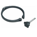 Dark grey plastic Speck BADU Koi Filter Lid Clamp ring with hinged opening and star-knob bolt on white background