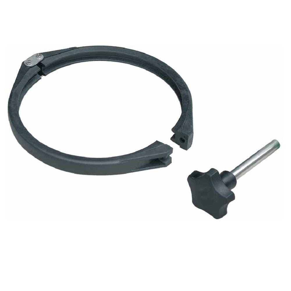 Dark grey plastic Speck BADU Koi Filter Lid Clamp ring with hinged opening and star-knob bolt on white background
