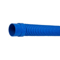 Blue corrugated flexible pool cleaner hose with ribbed spiral design and snap-fit connector end