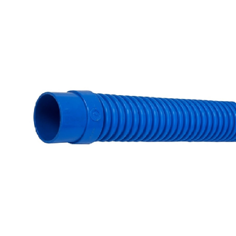 Blue corrugated flexible pool cleaner hose with ribbed spiral design and snap-fit connector end