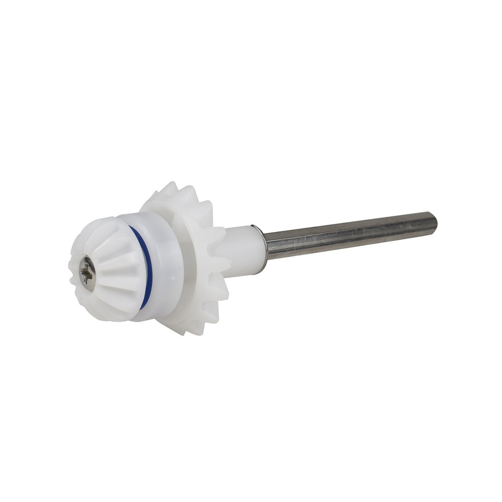 Zodiac MX8 drive shaft assembly with white plastic bevel gear, blue O-ring seal and stainless steel shaft