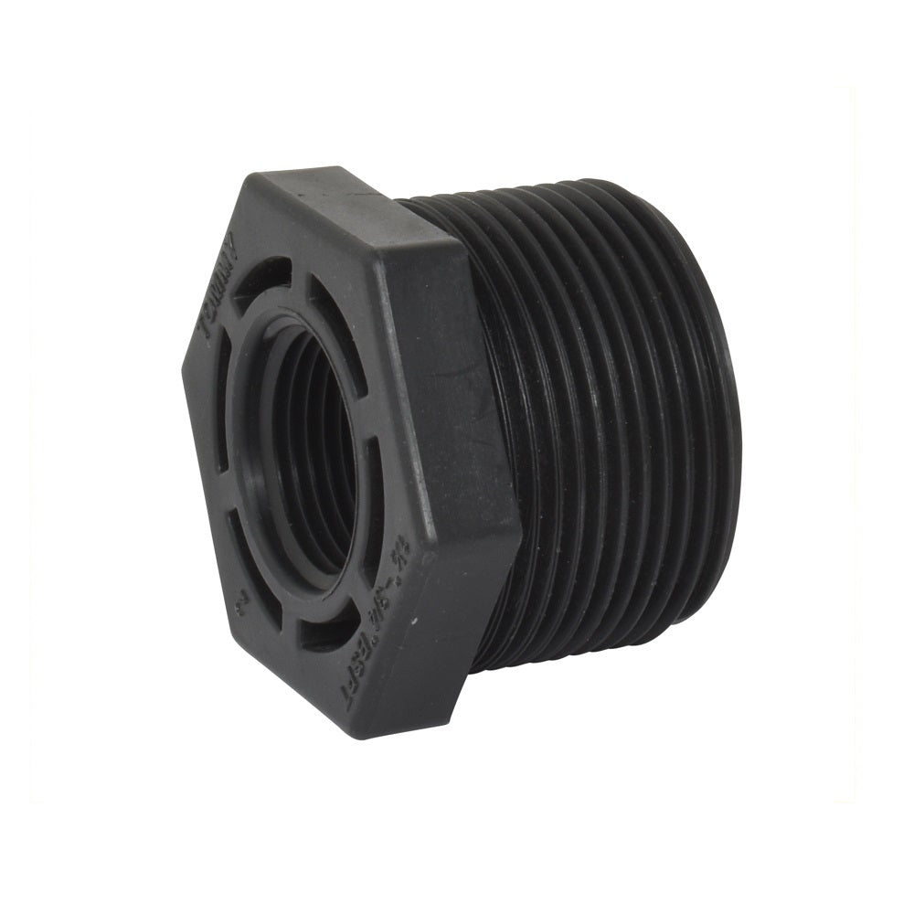 Black PVC threaded reducer bush with male external threads and smaller female hex socket opening, 40mm to 20mm