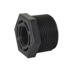 Black PVC threaded reducer bush with male external threads and smaller female hex socket opening, 40mm to 20mm