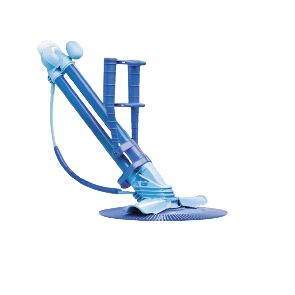 Kreepy Krauly automatic suction pool cleaner in blue plastic with circular base, ribbed arm, and twin water jets on white background