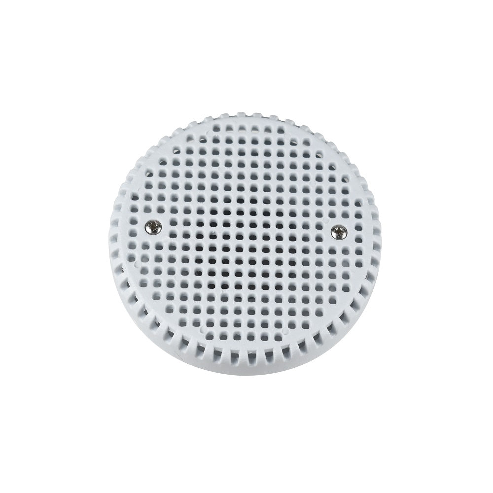 Round white plastic spa suction drain cover with grid mesh pattern, scalloped edge, and two stainless steel screws