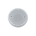 Round white plastic spa suction drain cover with grid mesh pattern, scalloped edge, and two stainless steel screws