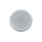 Round white plastic spa suction drain cover with grid mesh pattern, scalloped edge, and two stainless steel screws