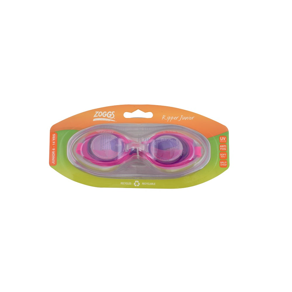 Zoggs Ripper Junior kids swim goggles in pink with purple lenses, packaged in orange and green blister card, ages 6–14
